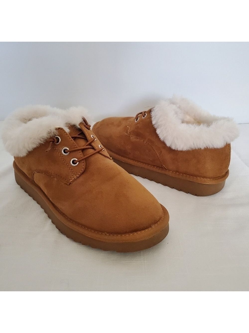 CUSHIONAIRE 'HOPE' ANKLE BOOTIES SLIP-ON SUEDE FAUX-SHEARLING CHESTNUT WOMEN 7.5 - Picture 2 of 12